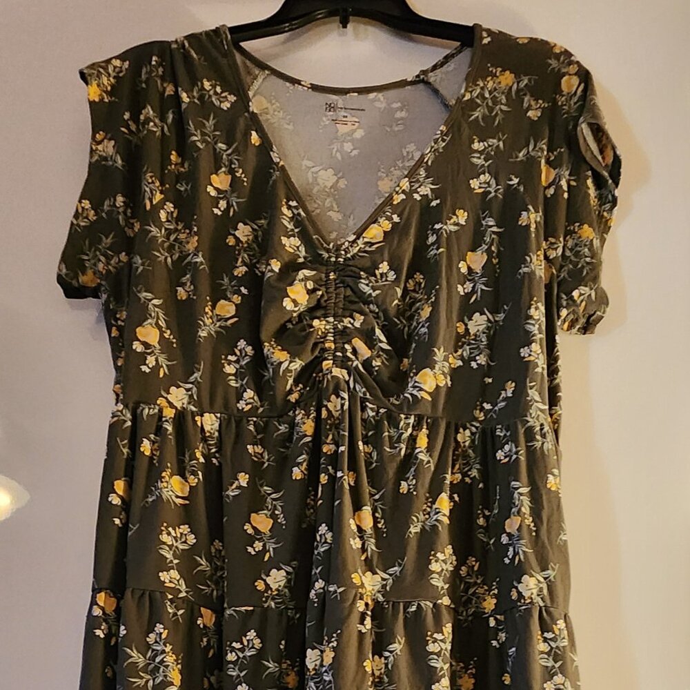Olive green and yellow flowers Spring dress
